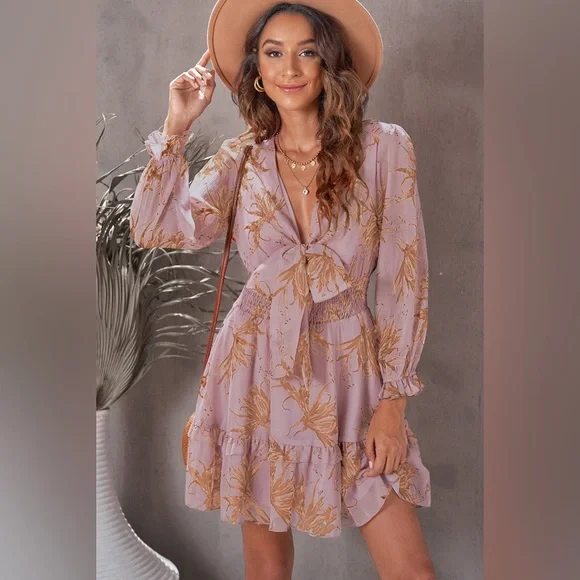 Floral Deep V Flounce Sleeve Mini Dress - Picture 2 of 11